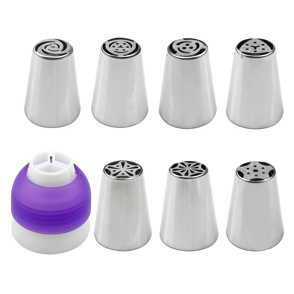 Set of 7 Stainless Steel Piping Nozzles: Ideal for cupcakes, cakes and biscuits, essential baking tools for home chefs.