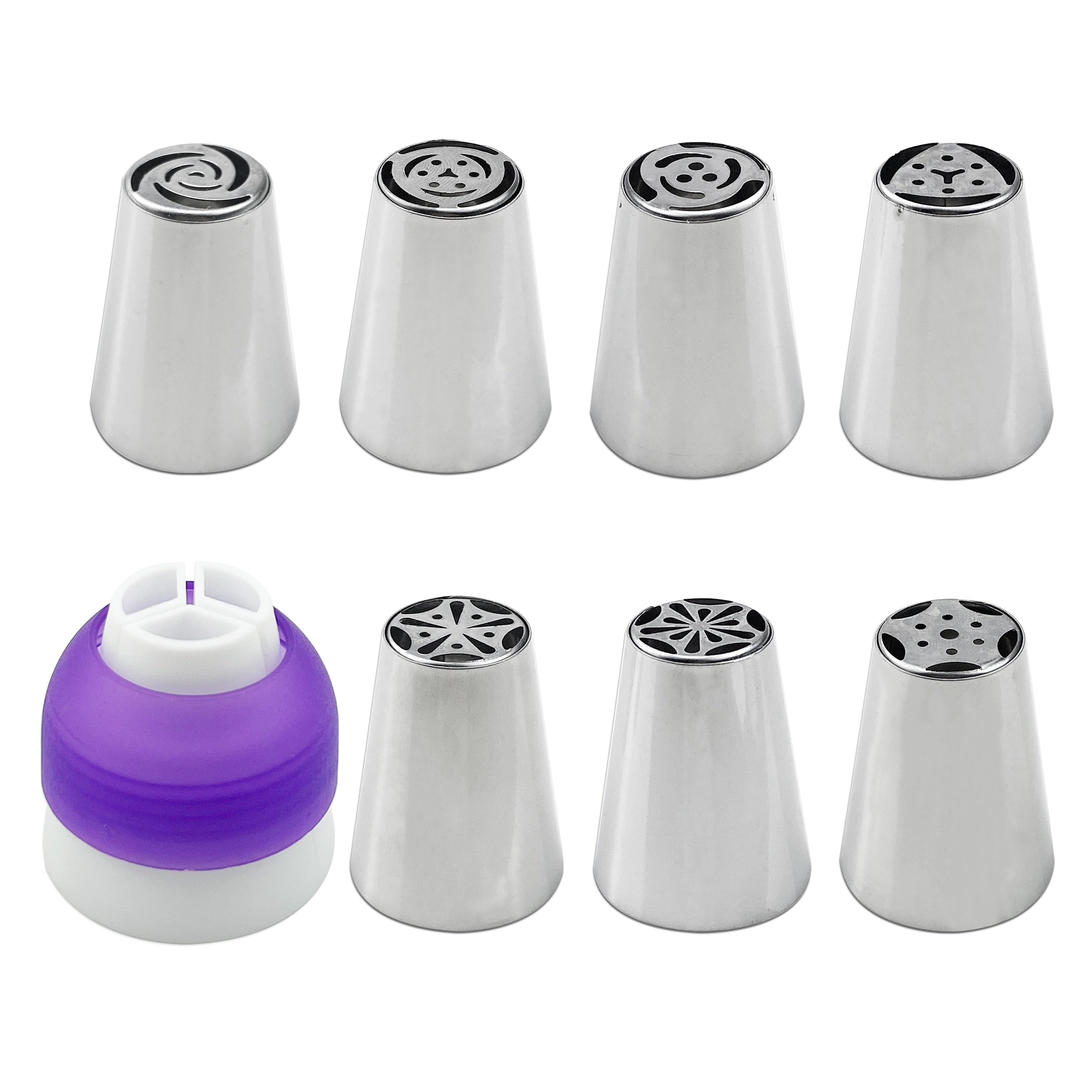 Set of 7 Stainless Steel Piping Nozzles: Ideal for cupcakes, cakes and biscuits, essential baking tools for home chefs.