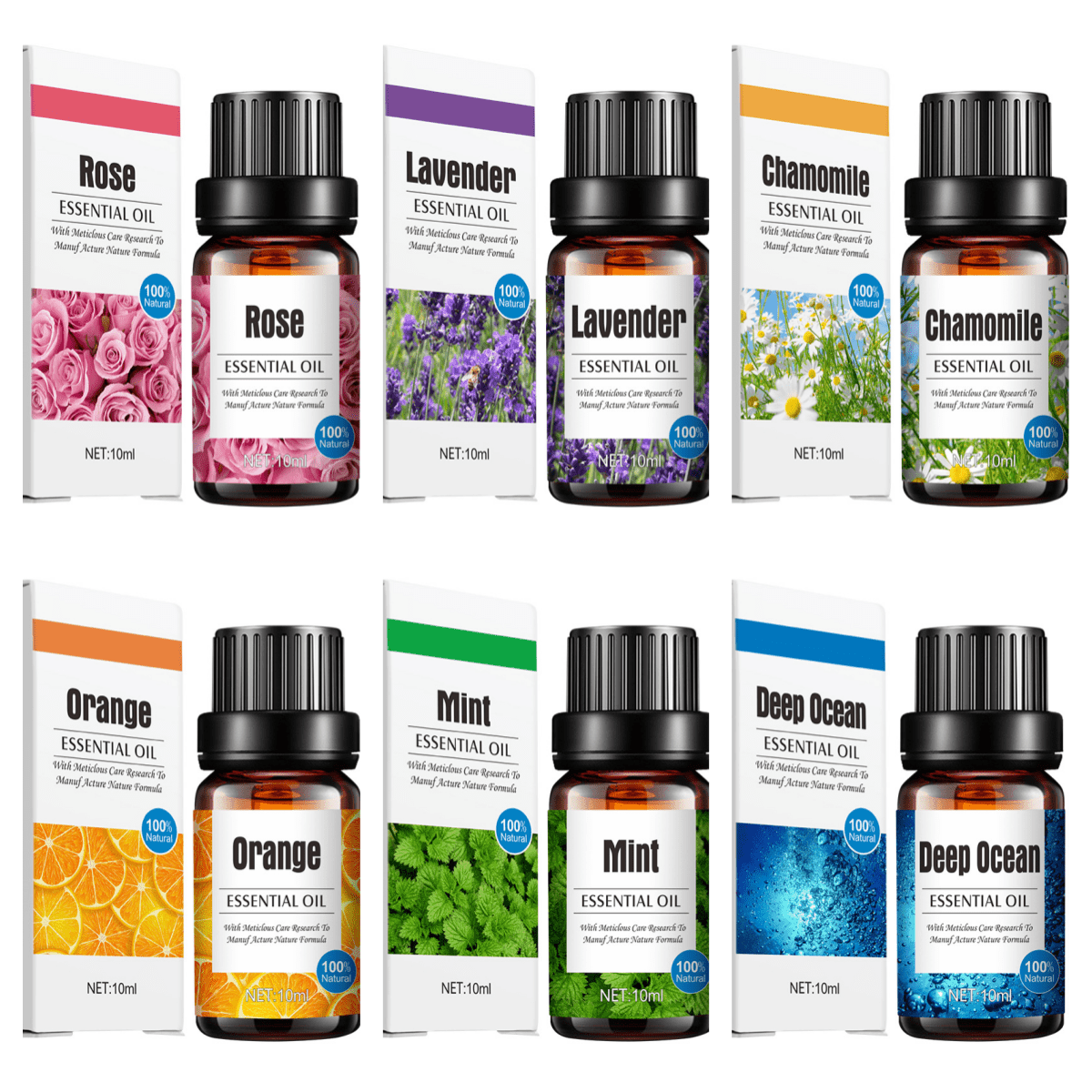 Coffret d’huiles essentielles Lavande, citron, menthe, camomille, mer profonde et rose, parfait pour diffuseurs et humidificateurs, aromathérapie relaxante.