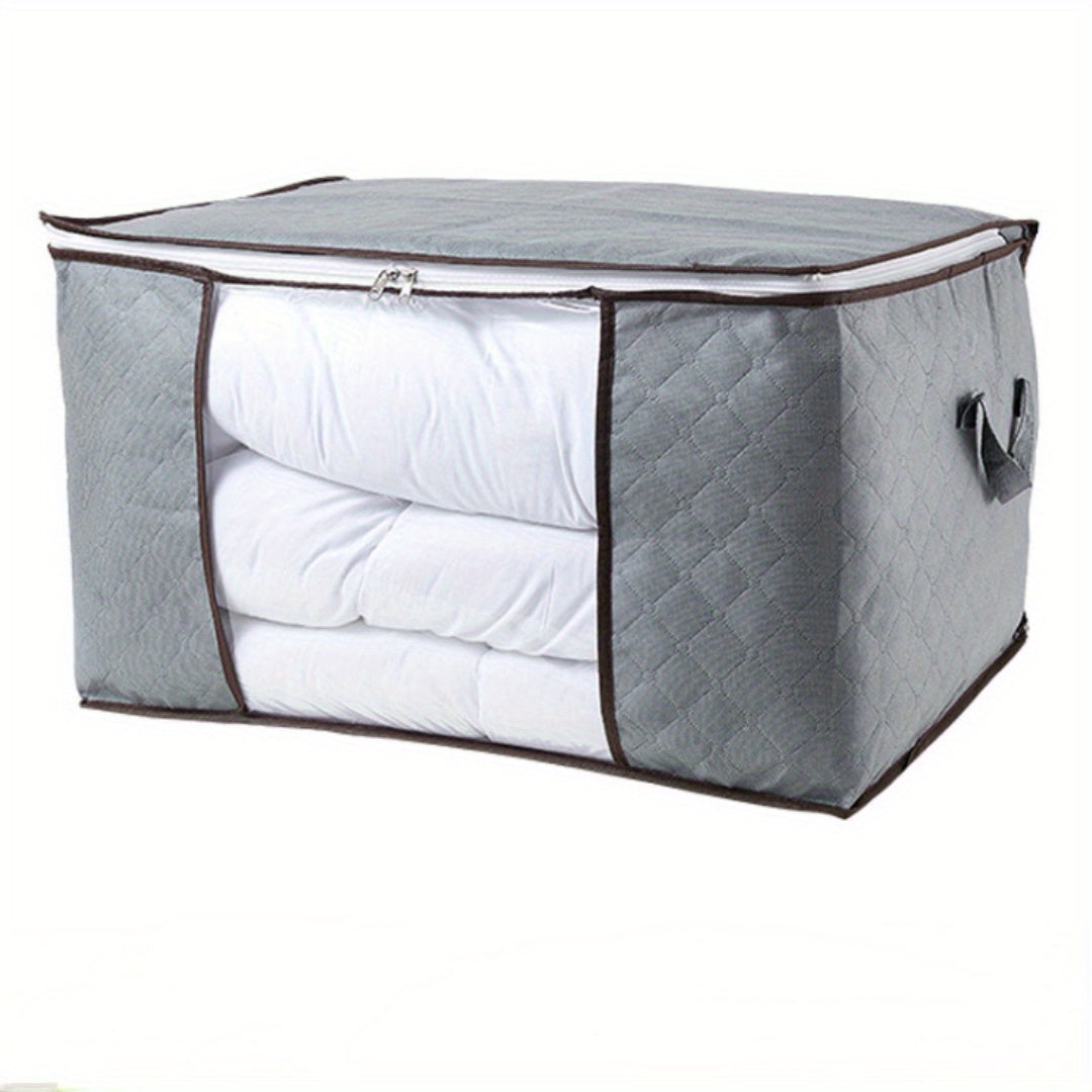 Boîte de rangement matelassée grande capacité avec fermeture éclair, bleue, portable, compartiments multiples, idéale pour serviettes, linge et vêtements, fenêtre transparente et poignées.