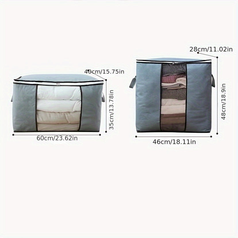 Boîte de rangement matelassée grande capacité avec fermeture éclair, bleue, portable, compartiments multiples, idéale pour serviettes, linge et vêtements, fenêtre transparente et poignées.
