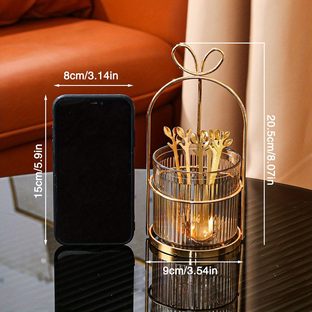 Set 6 cuillères à café en acier inoxydable avec pot de rangement et support en fer, organisateur pratique pour cuisine ou restaurant.