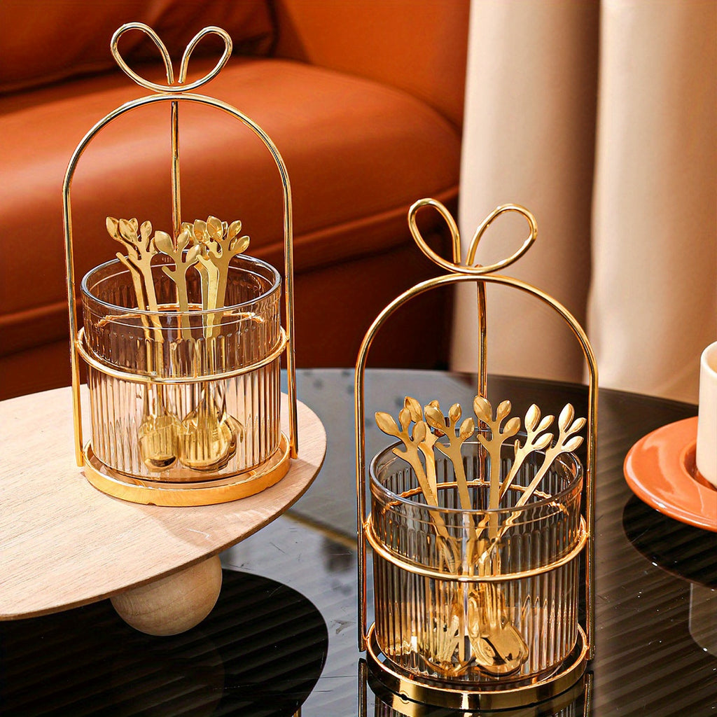 Set 6 cuillères à café en acier inoxydable avec pot de rangement et support en fer, organisateur pratique pour cuisine ou restaurant.