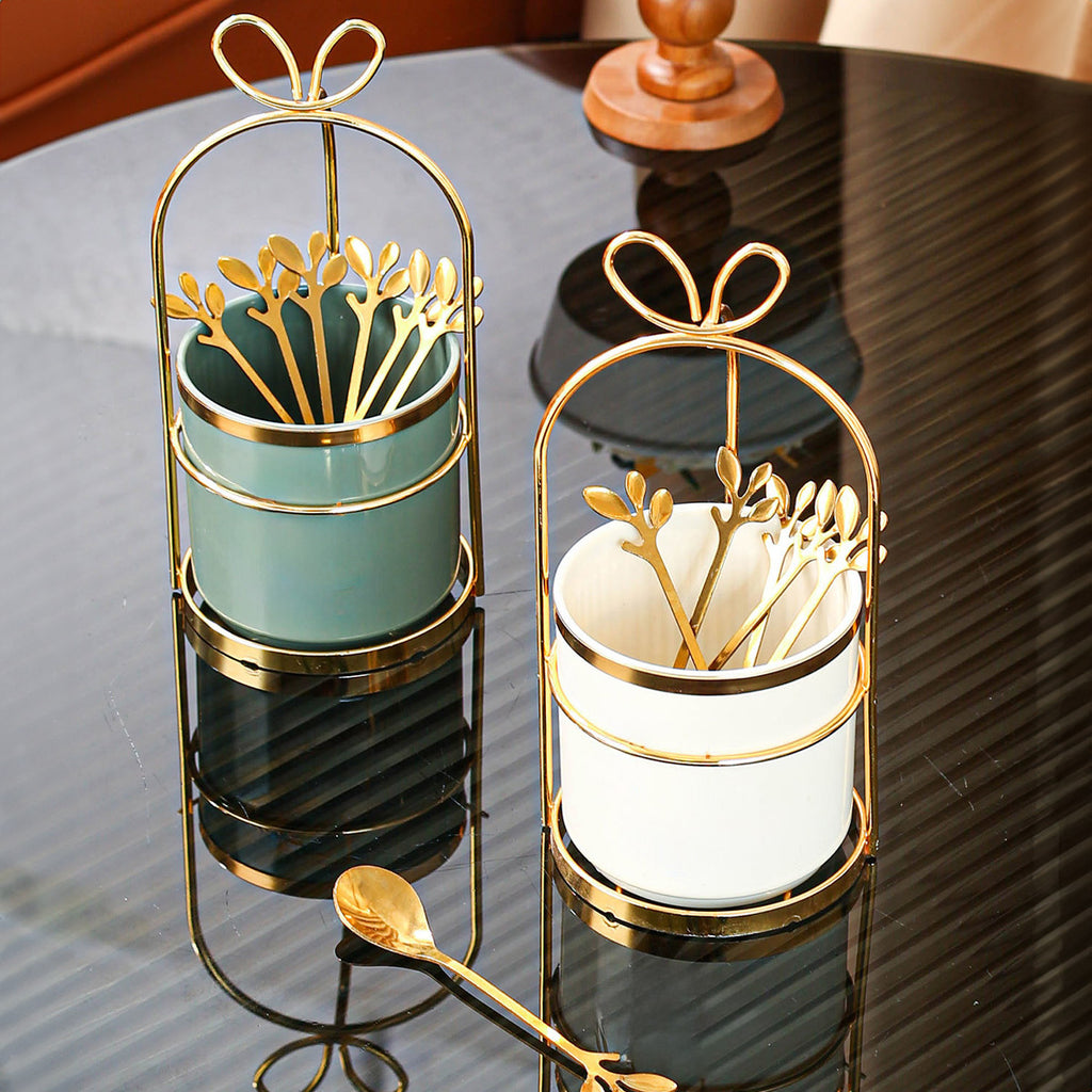 Set 6 cuillères à café en acier inoxydable avec pot de rangement et support en fer, organisateur pratique pour cuisine ou restaurant.