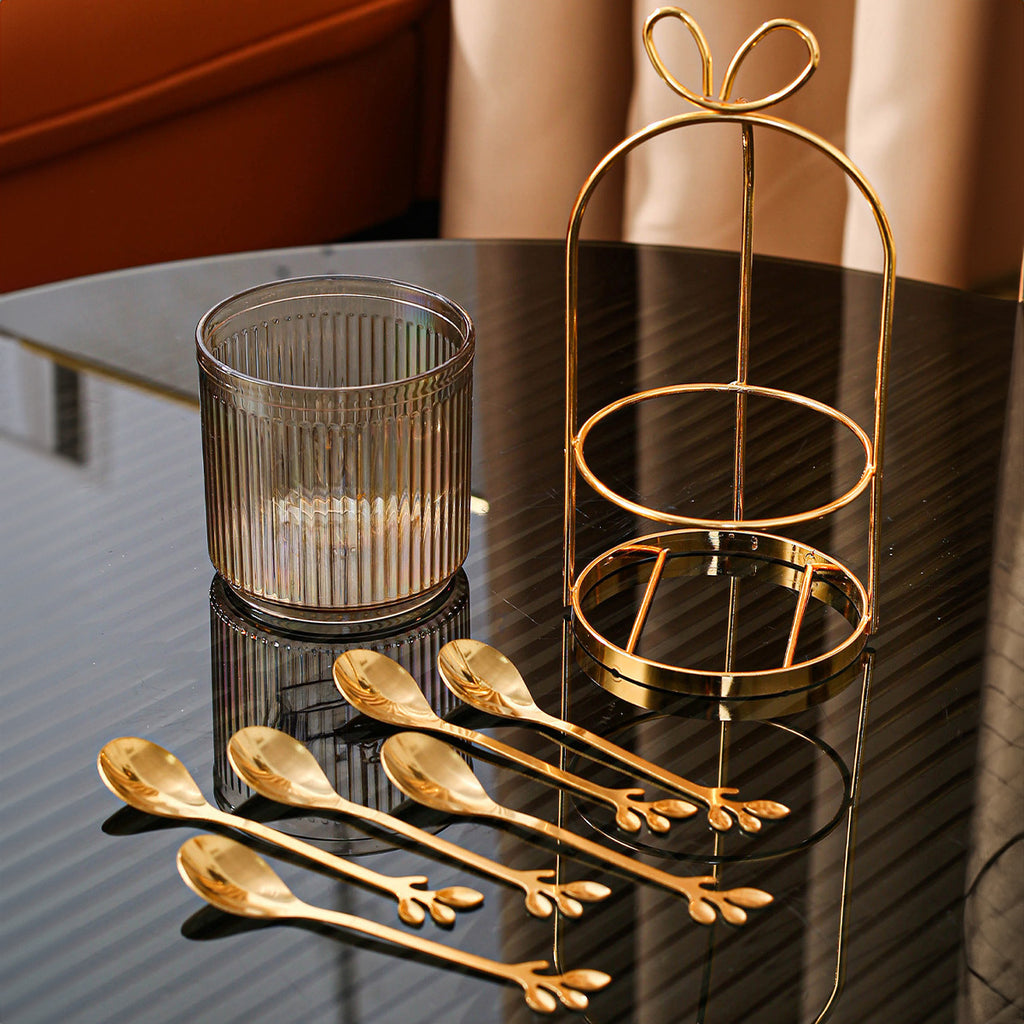 Set 6 cuillères à café en acier inoxydable avec pot de rangement et support en fer, organisateur pratique pour cuisine ou restaurant.