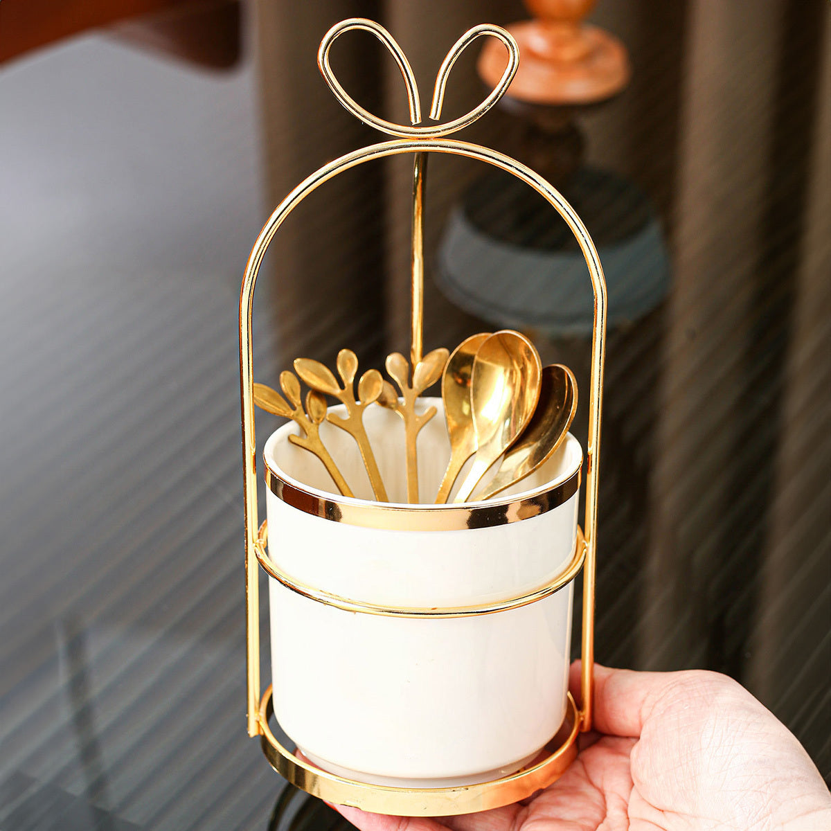 Set 6 cuillères à café en acier inoxydable avec pot de rangement et support en fer, organisateur pratique pour cuisine ou restaurant.