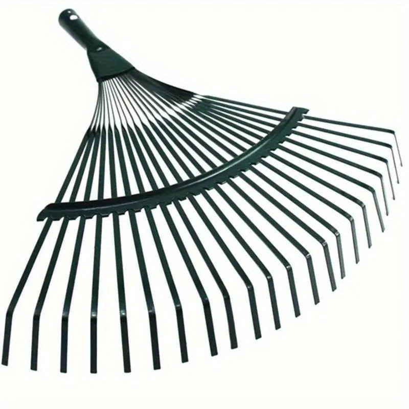 Sturdy metal leaf rake, durable steel wire frame, ergonomic handle, perfect for lawn and garden maintenance and removing leaves and debris.