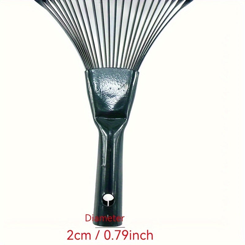 Sturdy metal leaf rake, durable steel wire frame, ergonomic handle, perfect for lawn and garden maintenance and removing leaves and debris.