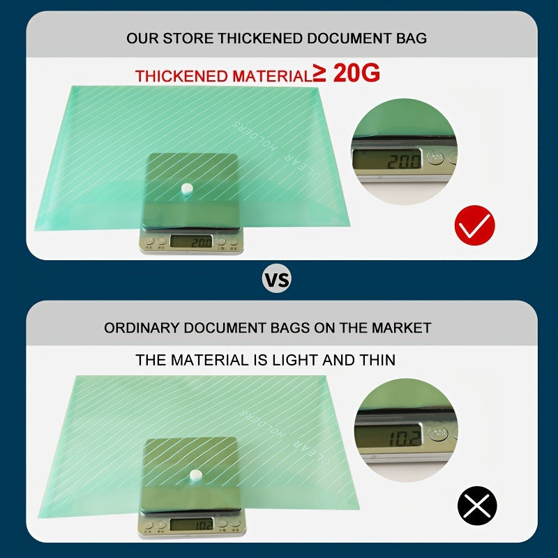 Lot de 10 pochettes A4 épaisses, transparentes et étanches, fermeture bouton-pression, grande capacité, idéales pour documents, examens et fournitures scolaires.