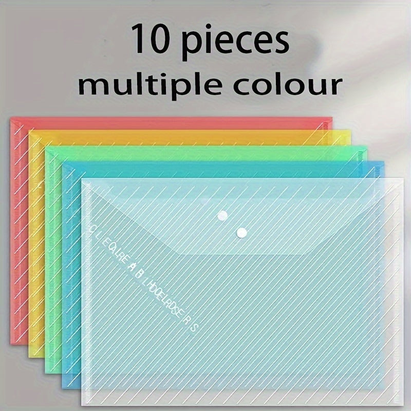 Lot de 10 pochettes A4 épaisses, transparentes et étanches, fermeture bouton-pression, grande capacité, idéales pour documents, examens et fournitures scolaires.