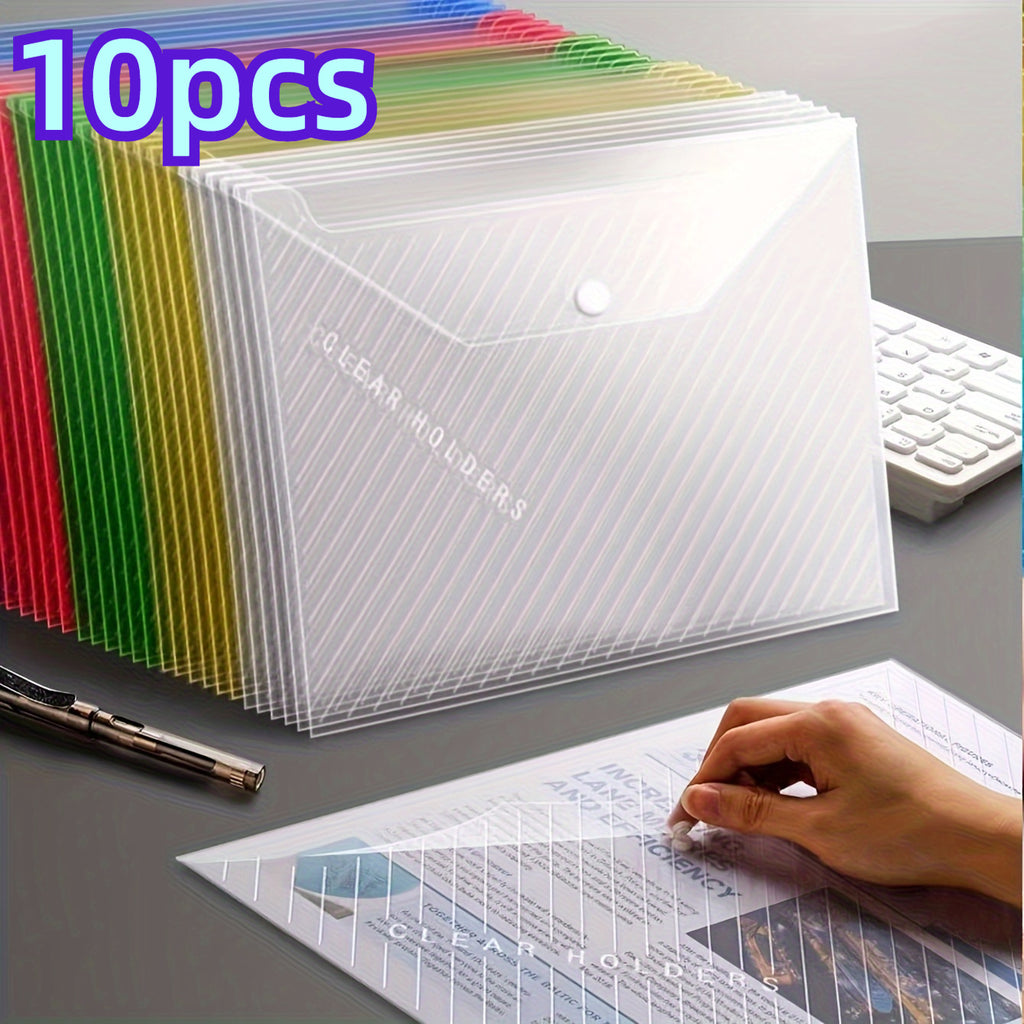 Lot de 10 pochettes A4 épaisses, transparentes et étanches, fermeture bouton-pression, grande capacité, idéales pour documents, examens et fournitures scolaires.