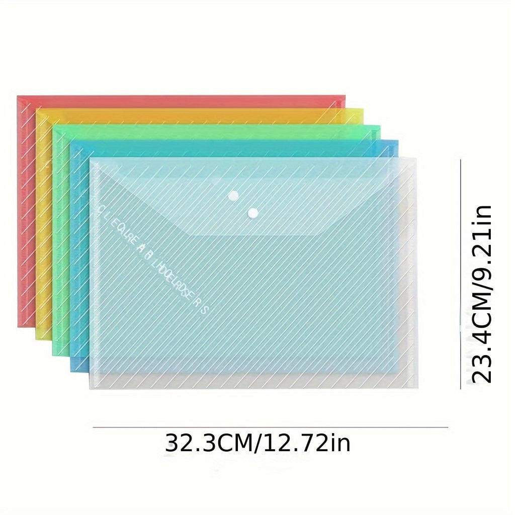 Lot de 10 pochettes A4 épaisses, transparentes et étanches, fermeture bouton-pression, grande capacité, idéales pour documents, examens et fournitures scolaires.