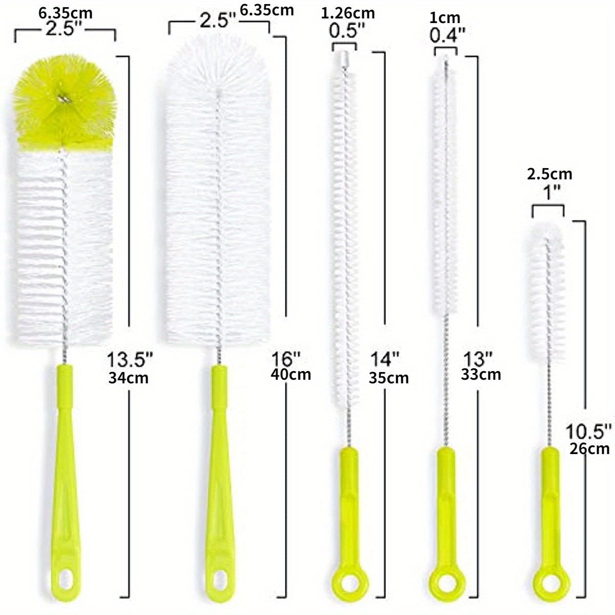 Set de 5 Brosses de Nettoyage pour Bouteilles : Long manche, plastique durable, idéal cols étroits, cuisine ou extérieur, brosses ergonomiques et flexibles.