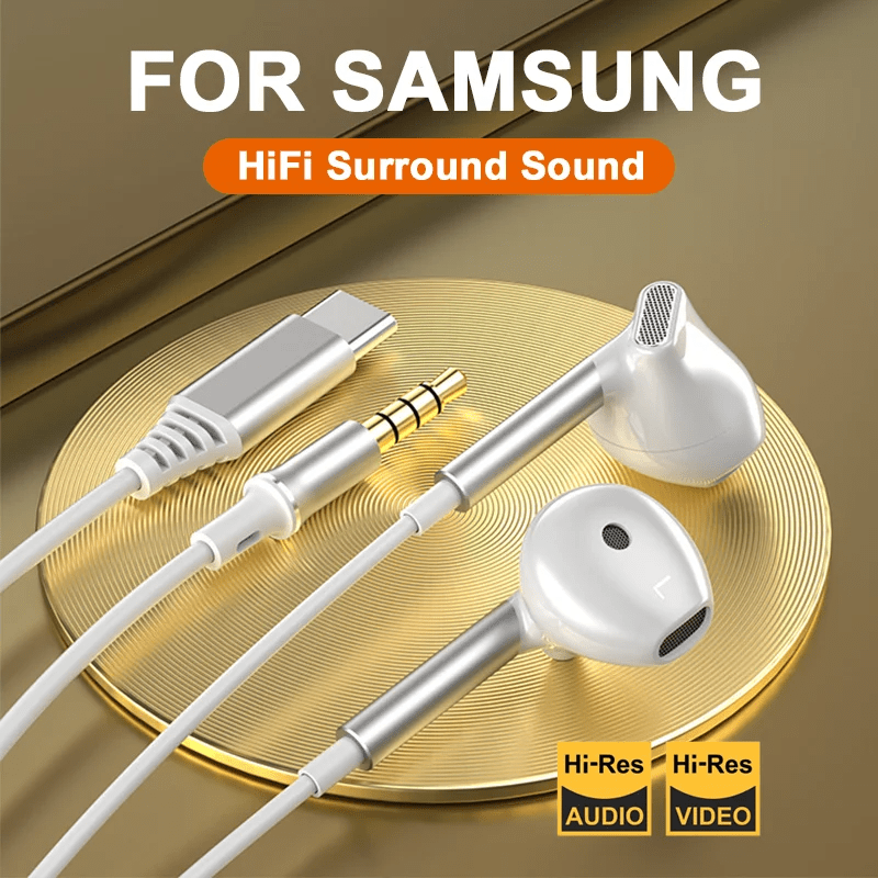 Écouteurs filaires HiFi 9D, USB-C et 3,5 mm, son haute résolution, design noir premium, confortables et durables, contrôle du volume, compatibles smartphones et gaming.