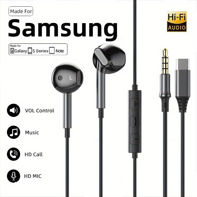 Écouteurs filaires HiFi 9D, USB-C et 3,5 mm, son haute résolution, design noir premium, confortables et durables, contrôle du volume, compatibles smartphones et gaming.