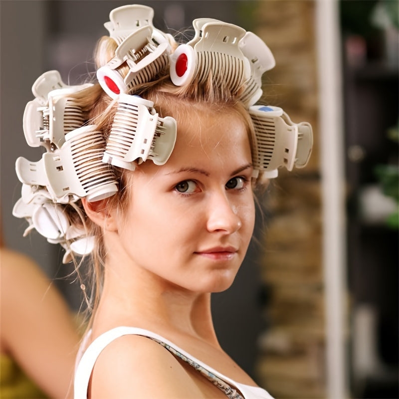 Set of 12 durable plastic curlers and clips, suitable for medium-length hair, manual hairstyling tools for salon and personal use.