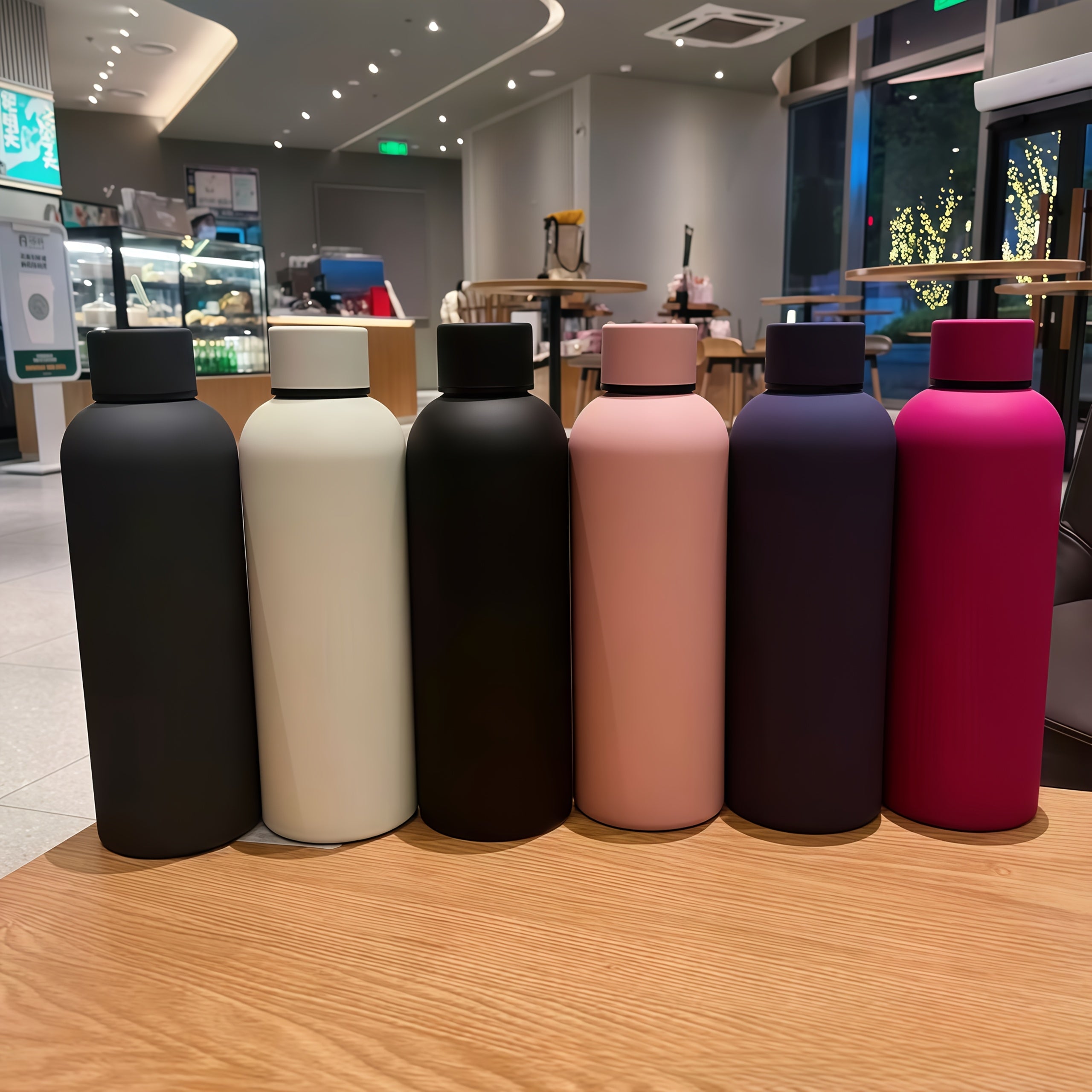 Gourde sport en acier inoxydable, bouchon étroit en caoutchouc, durable, parfaite pour camping, randonnée et fitness, 4 couleurs disponibles.