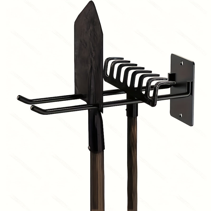 Sturdy iron wall-mounted rack, versatile storage for garage and garden, for shovels, rakes and brooms, space saving, black metallic finish.
