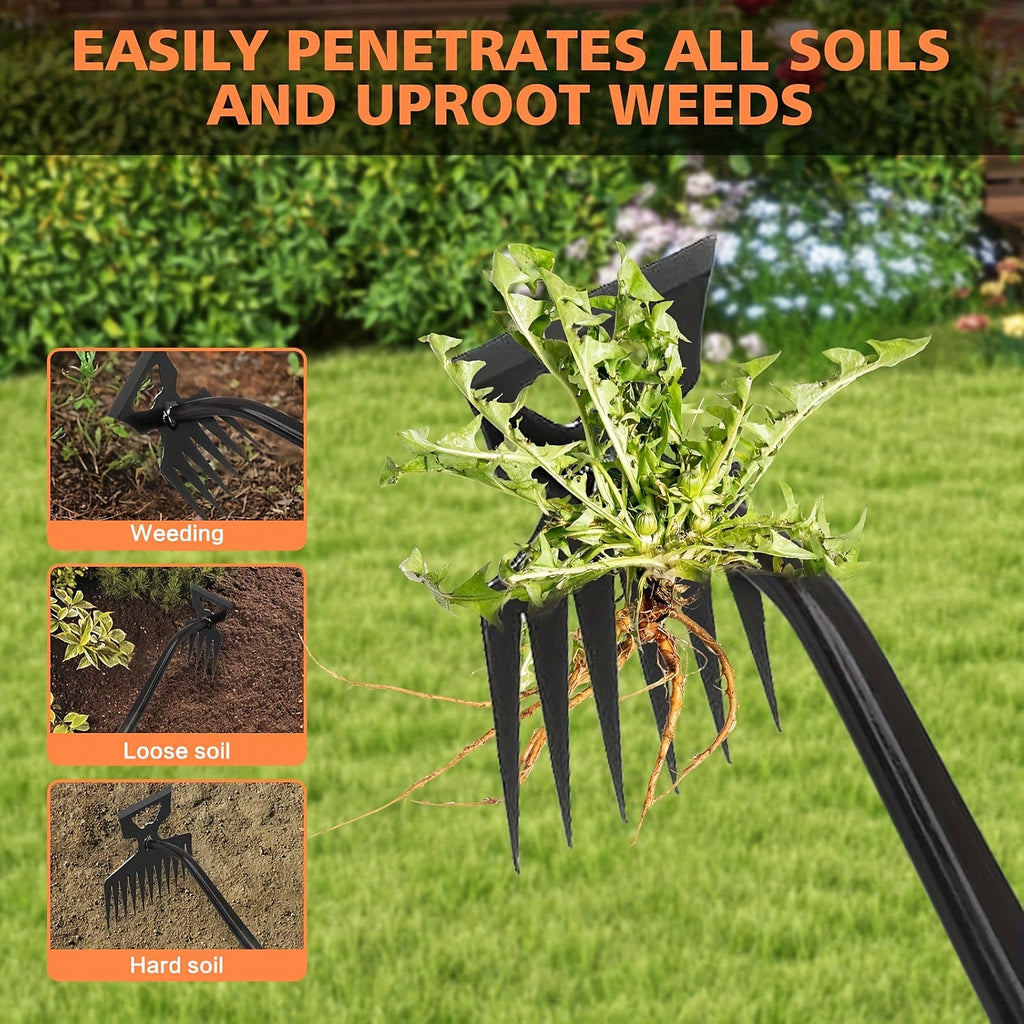 Heavy-duty long-handled manual weeder. Durable manganese steel, sharp blade for removing roots, ideal for lawns, vegetable gardens, farms and professional landscaping.