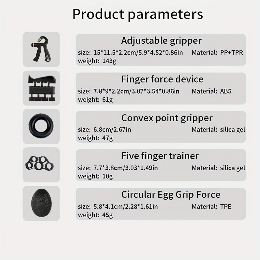 Set de 7 entraîneurs de force, pour entraînement des muscles des doigts et des bras, améliore préhension et endurance.