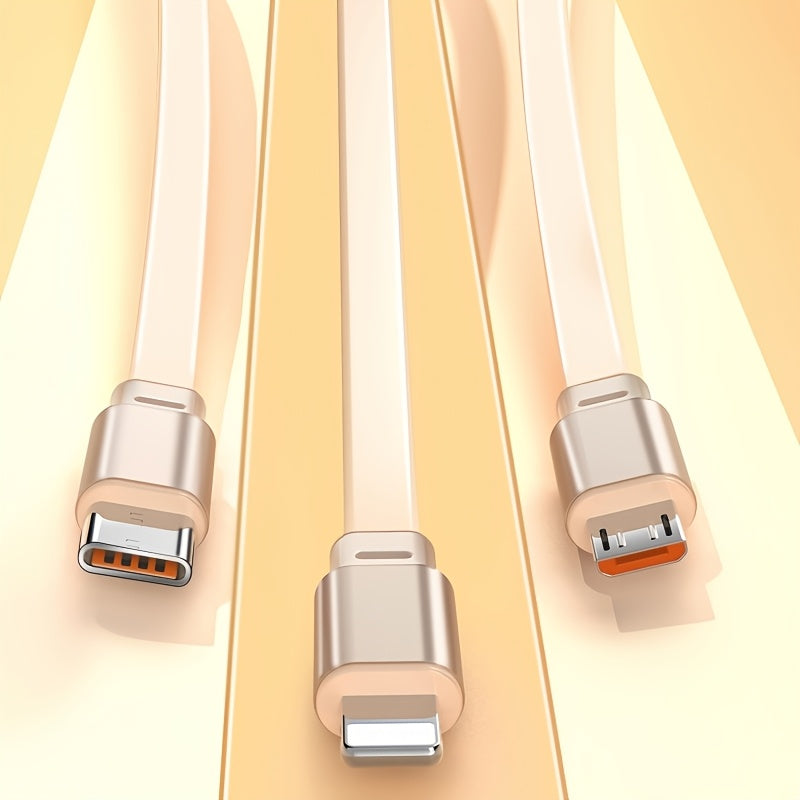 Câble USB rétractable 3-en-1, charge rapide 100 W, compatible USB-C/Micro USB/iPhone, transfert données 480 Mbps, alimentation ≤36 V.