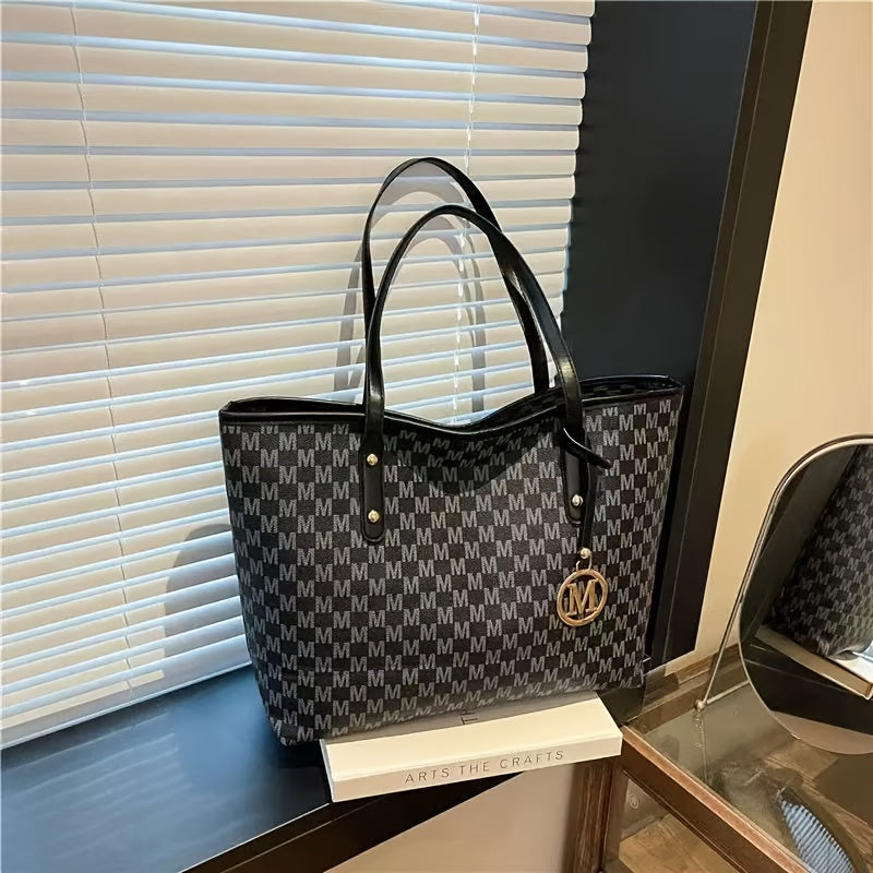 Large designer-inspired women's tote bag, geometric synthetic leather, removable gold chain shoulder strap, 'M' monogram, lightweight for office, school or shopping.