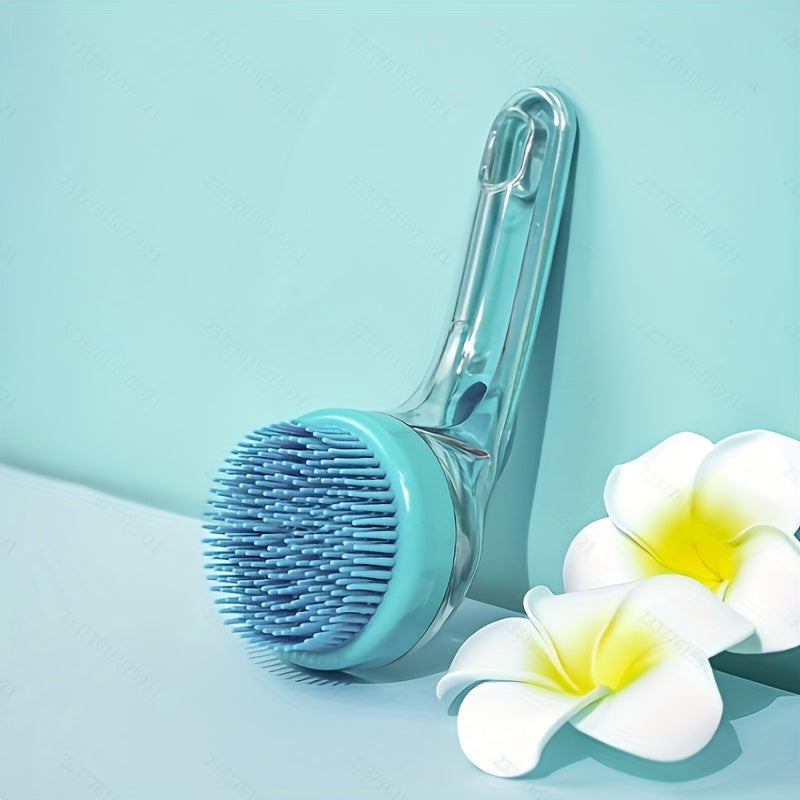 Brosse de bain douce pour chiens et chats, avec distributeur savon/shampoing, massage et nettoyage adaptés poils longs et courts.