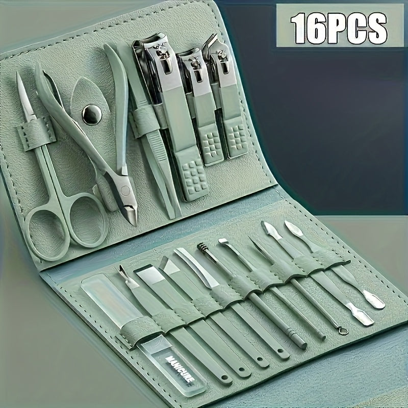 16-piece stainless steel nail care set, file, ear pick and scissors, modern style, ideal for travel and professional use.