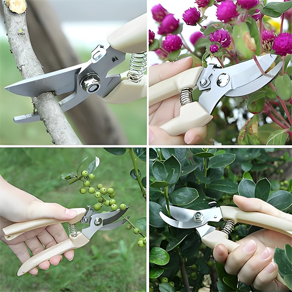 Set de 4 outils de jardin : sécateur, truelle, râteau et pelle, poignées en bois ergonomiques, parfait pour planter et désherber balcon et jardin.