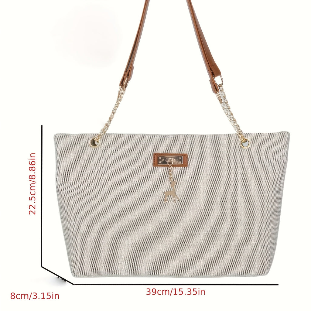 Sac fourre-tout en polyester tendance, grande capacité, bandoulière réglable, fermeture zippée, orné d’un charm cerf, style besace pour femme.