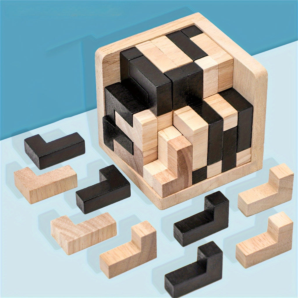 Set of 54 3D Brain Teaser wooden cube games. Perfect gift for brain training, Christmas, birthdays, and Halloween decorations.