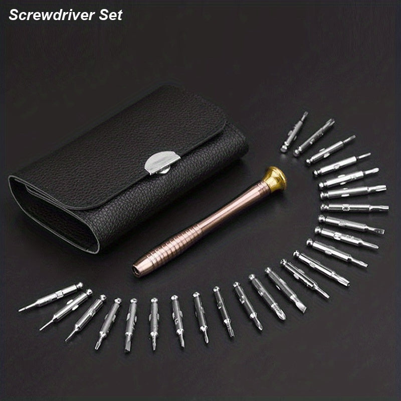 25-in-1 precision screwdriver set, including flat, star, Y and triangle, ideal for repairing smartphones, computers, glasses, cameras and PCs.