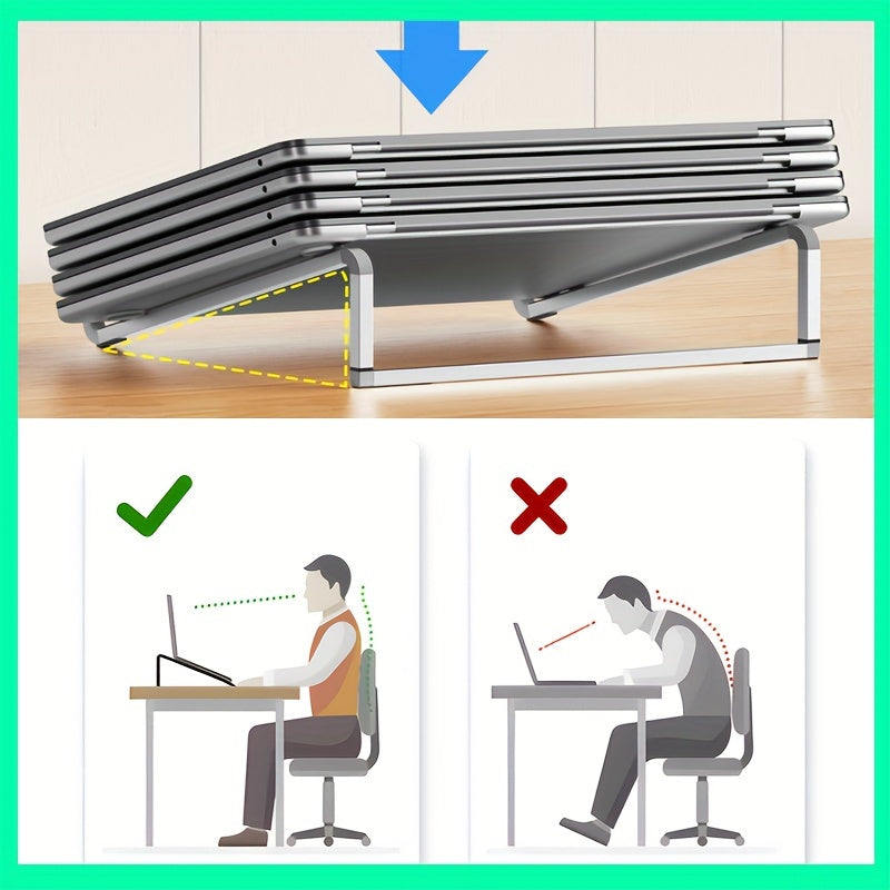 Support pour ordinateur en alliage d’aluminium, réglable, pliable et portable, structure métallique robuste, idéal pour bureau et déplacements.