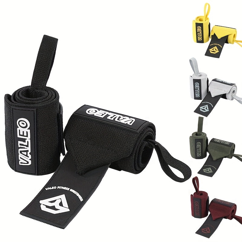 زوج من الأربطة المطاطية من VALEO لتدريبات الأثقال، مع حلقة للإبهام وحلقات قابلة للتعديل، مما يوفر دعمًا معززًا لتمارين الرفعة المميتة ورفع الأثقال.