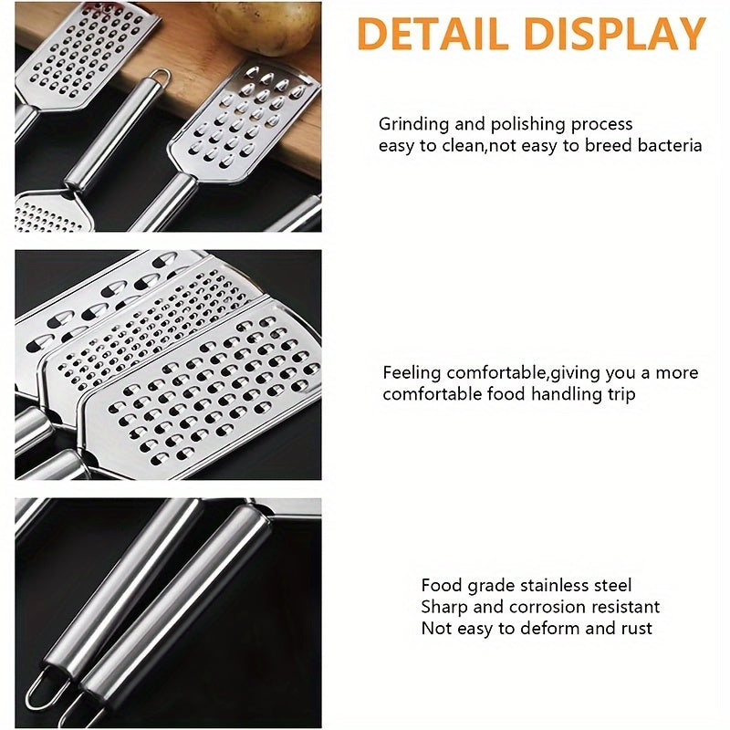 Set of 3 stainless steel kitchen utensils: peeler, grater and can opener, versatile for fruits, vegetables and potatoes.