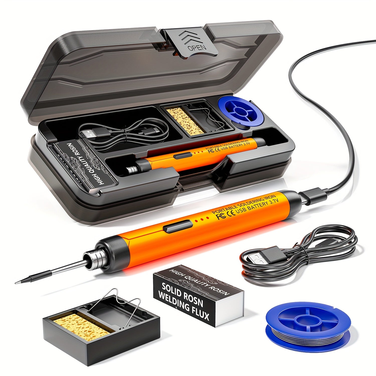 Wireless USB soldering iron with 3 heat settings, stand, flux and carrying case, compact and lightweight, ideal for DIY and home workshop.