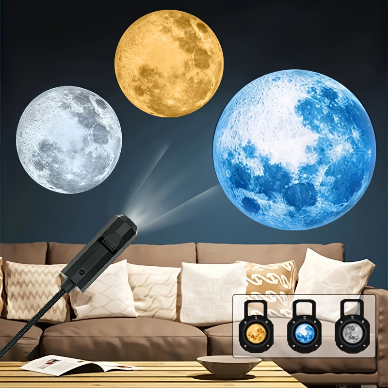 Set lampe LED projection lune 4 pcs 1 lumière principale + 3 couleurs (jaune, blanc, bleu), USB, portable, rotation 360°, idéale pour plafond, chambre ou décor événementiel.