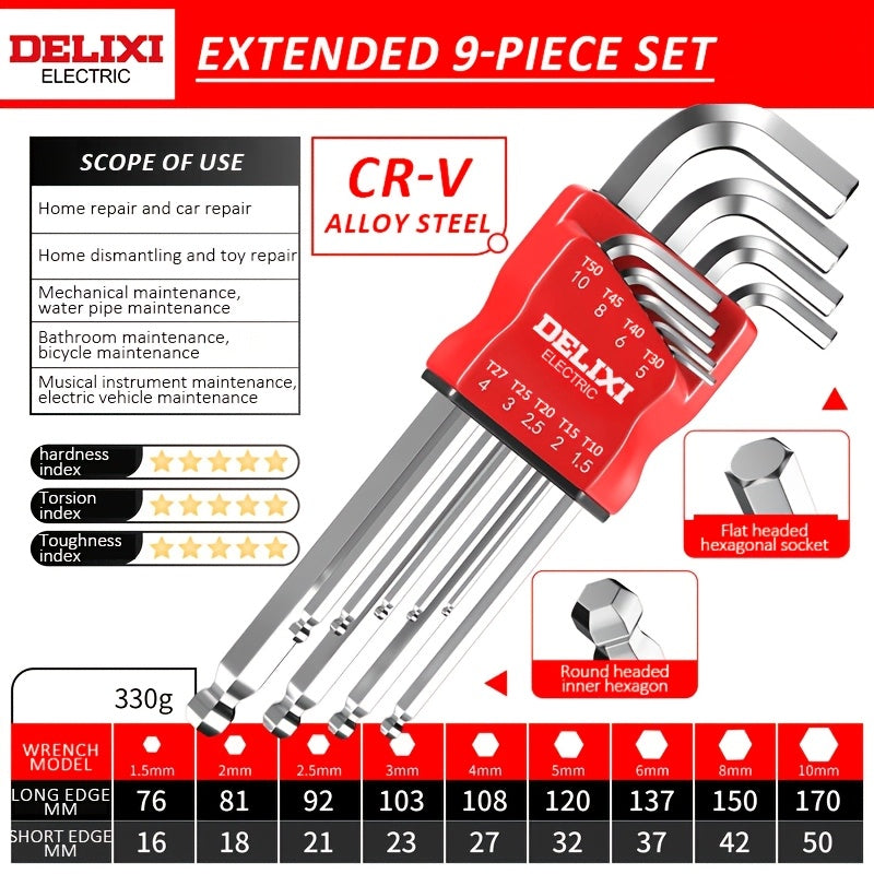 Extra long hex key set with ball ends and Torx, comfortable handle, durable metal, ideal for bike repair and DIY projects.