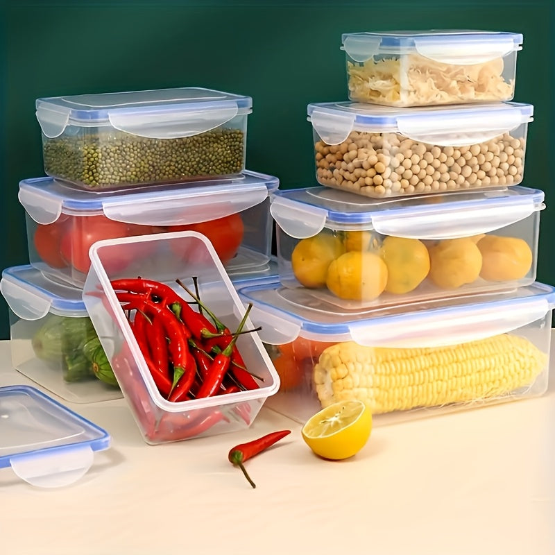 Set de 8 boîtes repas plastiques rectangulaires, 4 tailles, couvercles flip-top, réutilisables, micro-ondes et congélateur, anti-odeur, parfait pour légumes, fruits et snacks.
