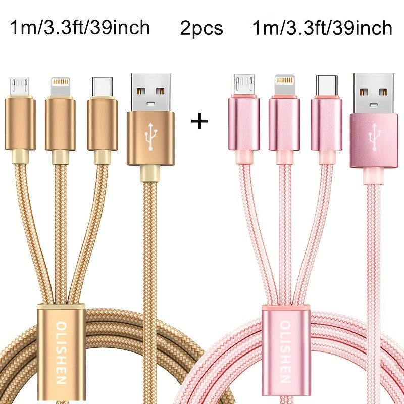 Lot de 2 Câbles 3-en-1 à Charge Rapide : Nylon tressé durable, compatible iPhone, Samsung, Xiaomi et autres, sortie 10 W, USB.