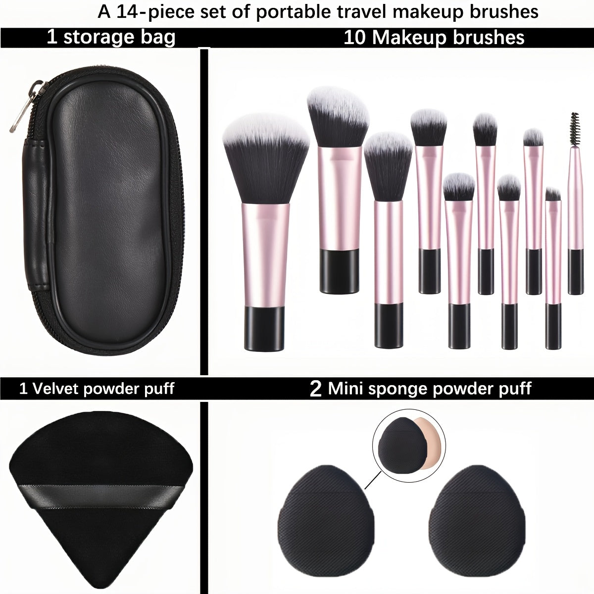 Set portable de pinceaux de maquillage avec éponge et houppette, parfait pour un kit complet d’outils cosmétiques en voyage.