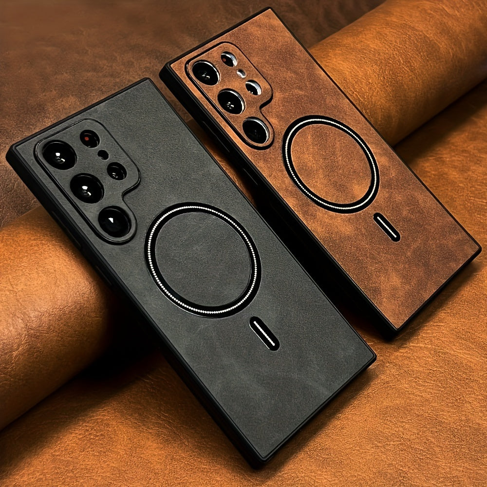 Luxury retro PU leather case for Samsung Galaxy, shockproof, compatible with wireless charging, elegant matte finish, premium protection and sophisticated design.