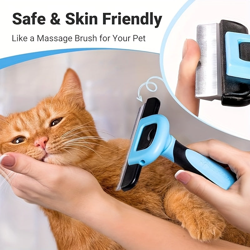 Professional pet deshedding brush. Reduces hair by 95%, ergonomic, electricity-free, blue and black design, for all breeds.