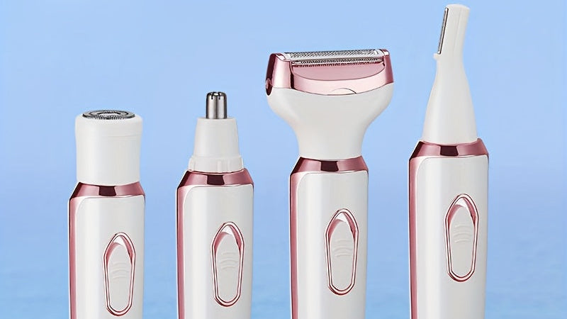 4-in-1 USB rechargeable epilator for women, face, eyebrows, nose and legs, compact design suitable for light skin tones, ideal for travel and as a gift.
