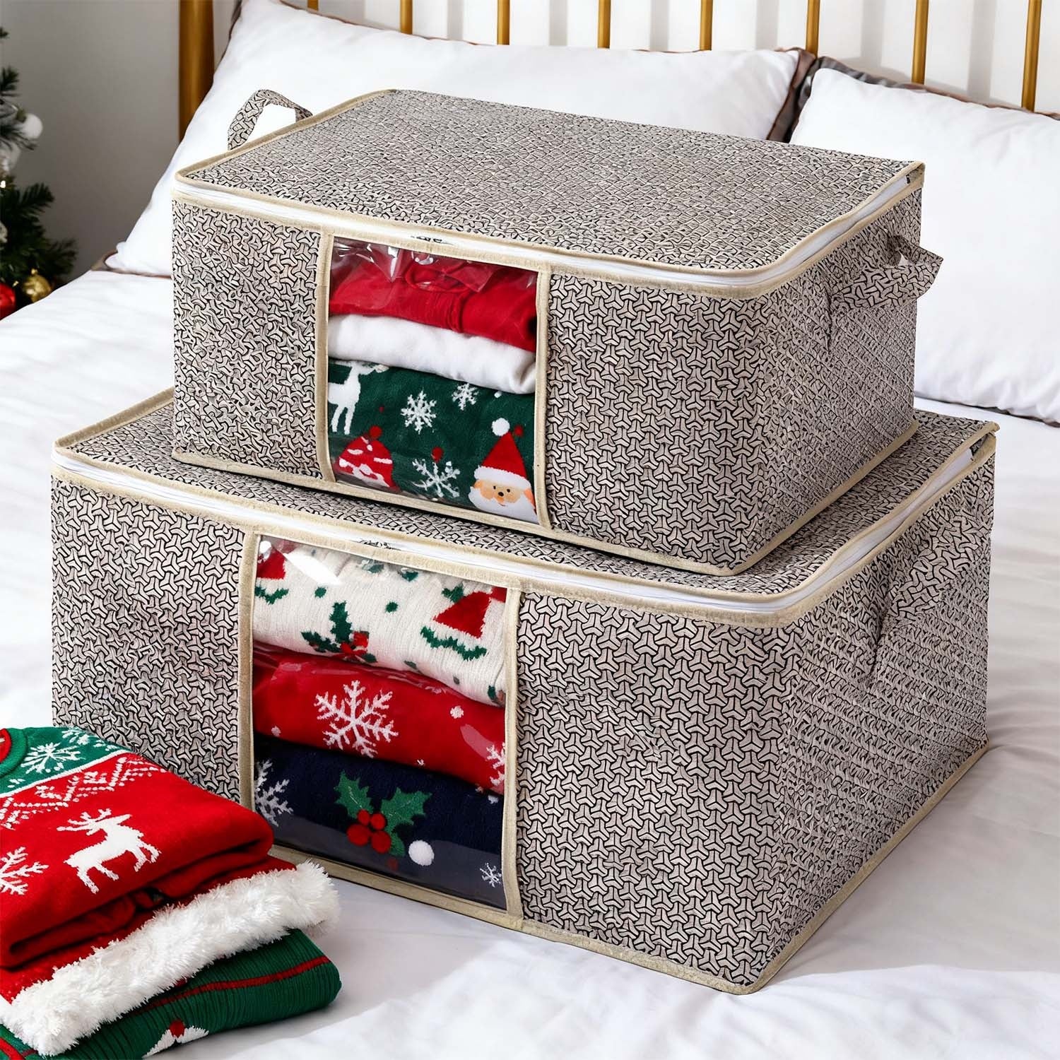 Lot de 2 sacs de rangement robustes, pour couettes et couvertures, avec poignées et fenêtre transparente, en tissu, style moderne, rangement sous-lit polyvalent.