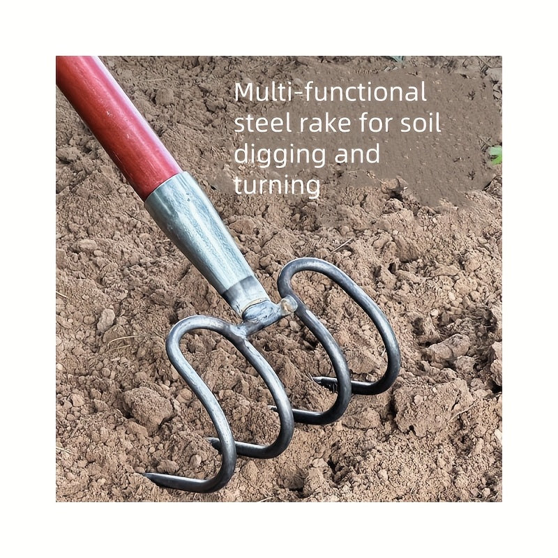 Râteau polyvalent en acier robuste, adapté au creusement et au travail du sol, idéal jardins, chantiers et nettoyage de plage, performant en conditions difficiles.