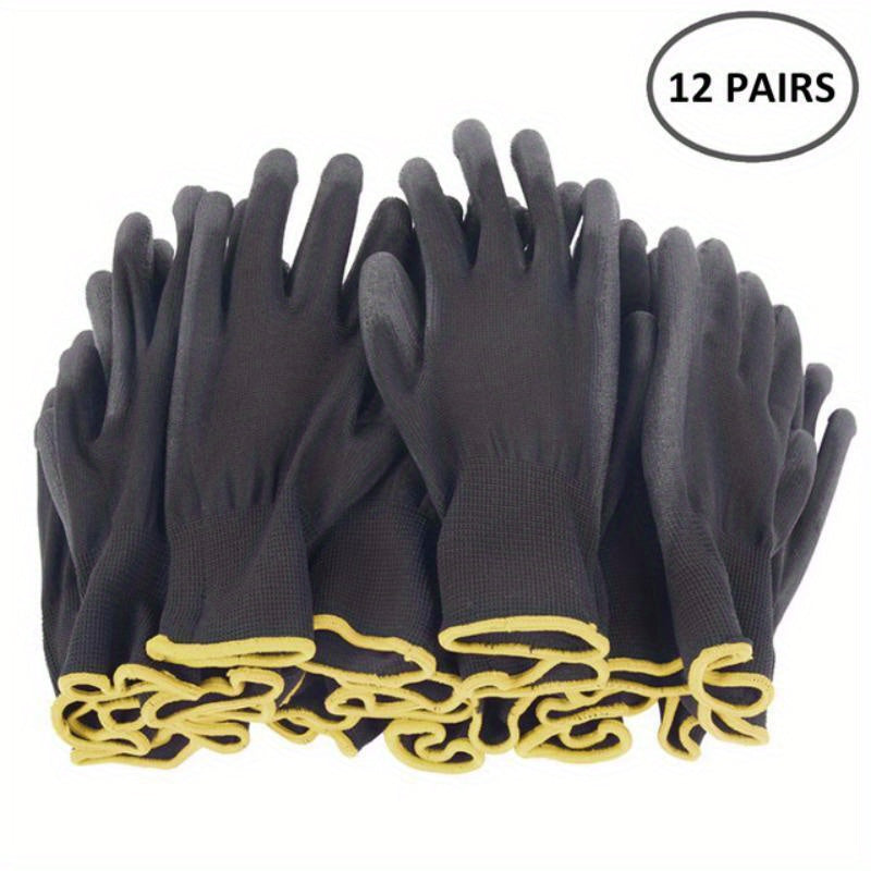 Lot de 12 paires de gants de travail résistants, antidérapants et antistatiques, adaptés jardinage, bricolage et usage industriel sécuritaire.