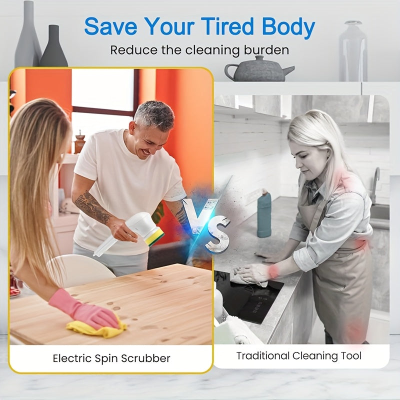 Brosse électrique magique avec 5 têtes, USB rechargeable, multi-usages cuisine, salle de bain, sols et carreaux, nettoie facilement pots et vitres.