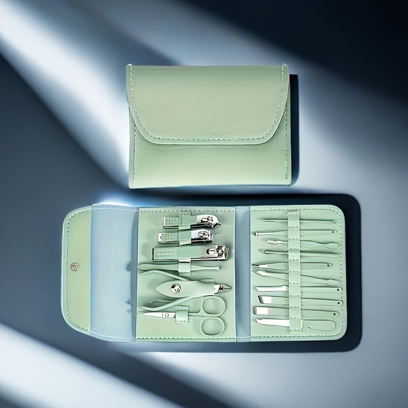 16-piece stainless steel nail care set, file, ear pick and scissors, modern style, ideal for travel and professional use.