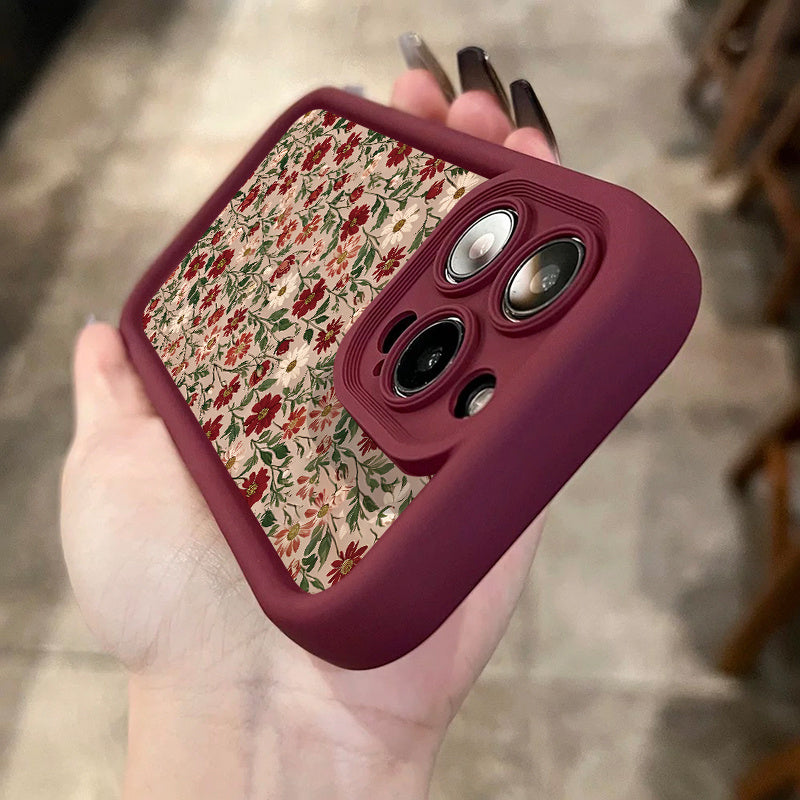 Coque rétro rouge vin avec motif fleurs et herbes, protection antichoc complète, couvre lentille, compatible iPhone 14 à 16 Pro Max, design élégant.